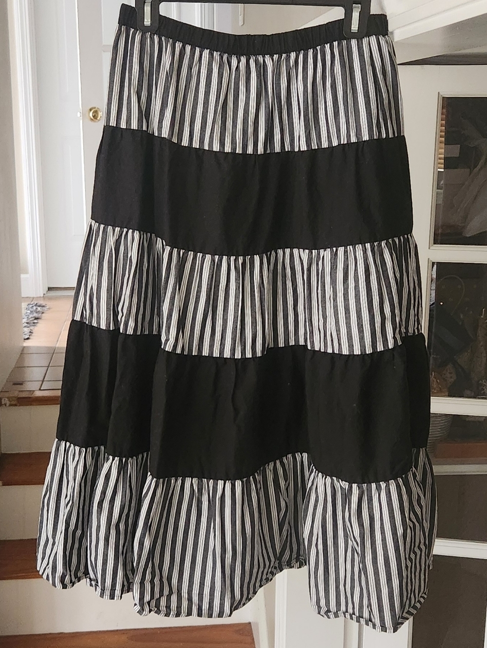Who What Wear Black and White Striped Tiered Midi Skirt